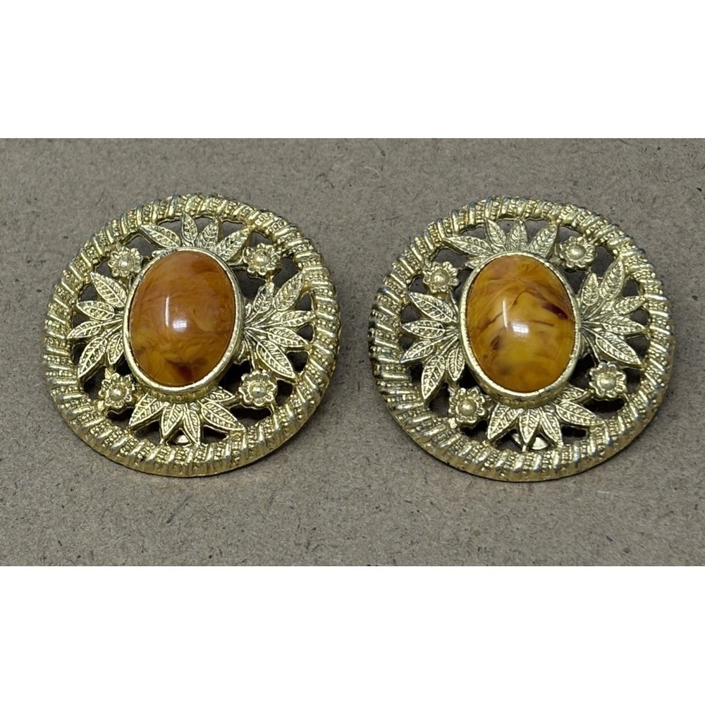Les Bernard Clip On Earrings Gold Tone Amber Cabochon Floral Vintage Signed